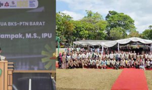 Rektor Universitas Palangka Raya (UPR) yang juga Ketua Badan Kerja Sama Perguruan Tinggi Negeri (BKS-PTN) Barat, Prof. Dr. Ir. Salampak, M.S., IPU., ASEAN Eng.,saat memberikan sambutan pada acara KKN Internasional, kemarin.