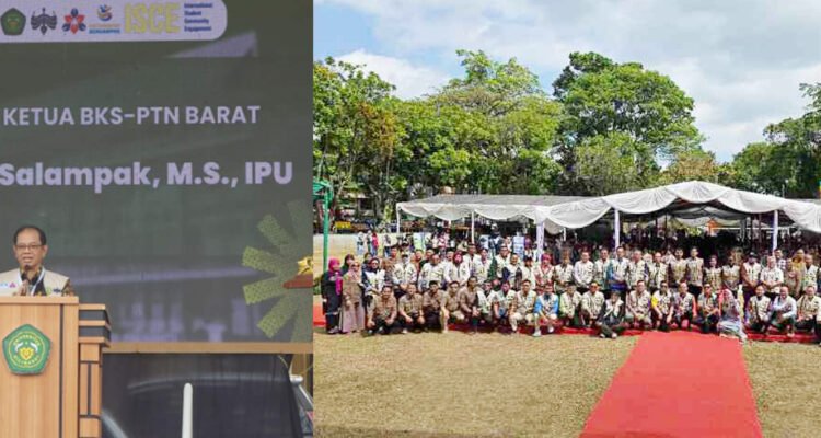 Rektor Universitas Palangka Raya (UPR) yang juga Ketua Badan Kerja Sama Perguruan Tinggi Negeri (BKS-PTN) Barat, Prof. Dr. Ir. Salampak, M.S., IPU., ASEAN Eng.,saat memberikan sambutan pada acara KKN Internasional, kemarin.