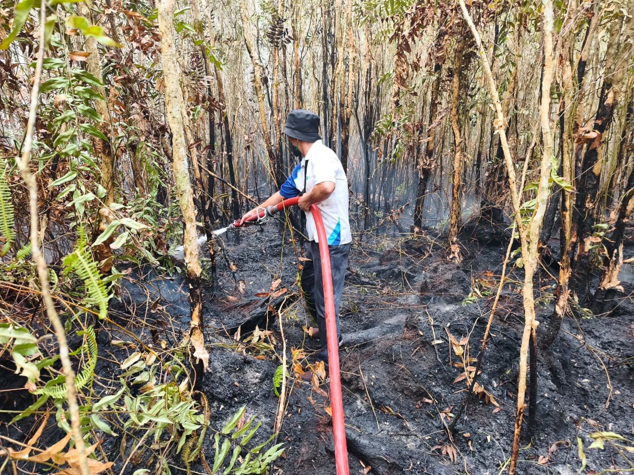 Tim pemadam Universitas Palangka Raya (UPR) saat memadamkan api kebakaran lahan di kawasan kampus, Rabu (2/8/2026).